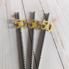 Load image into Gallery viewer, Black and Gold Straws for 50th Party 12CT. 50th Birthday Party Tableware. Any age straws