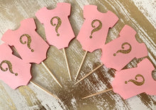 Load image into Gallery viewer, Gender reveal cupcake topper, Onesie question, 12ct