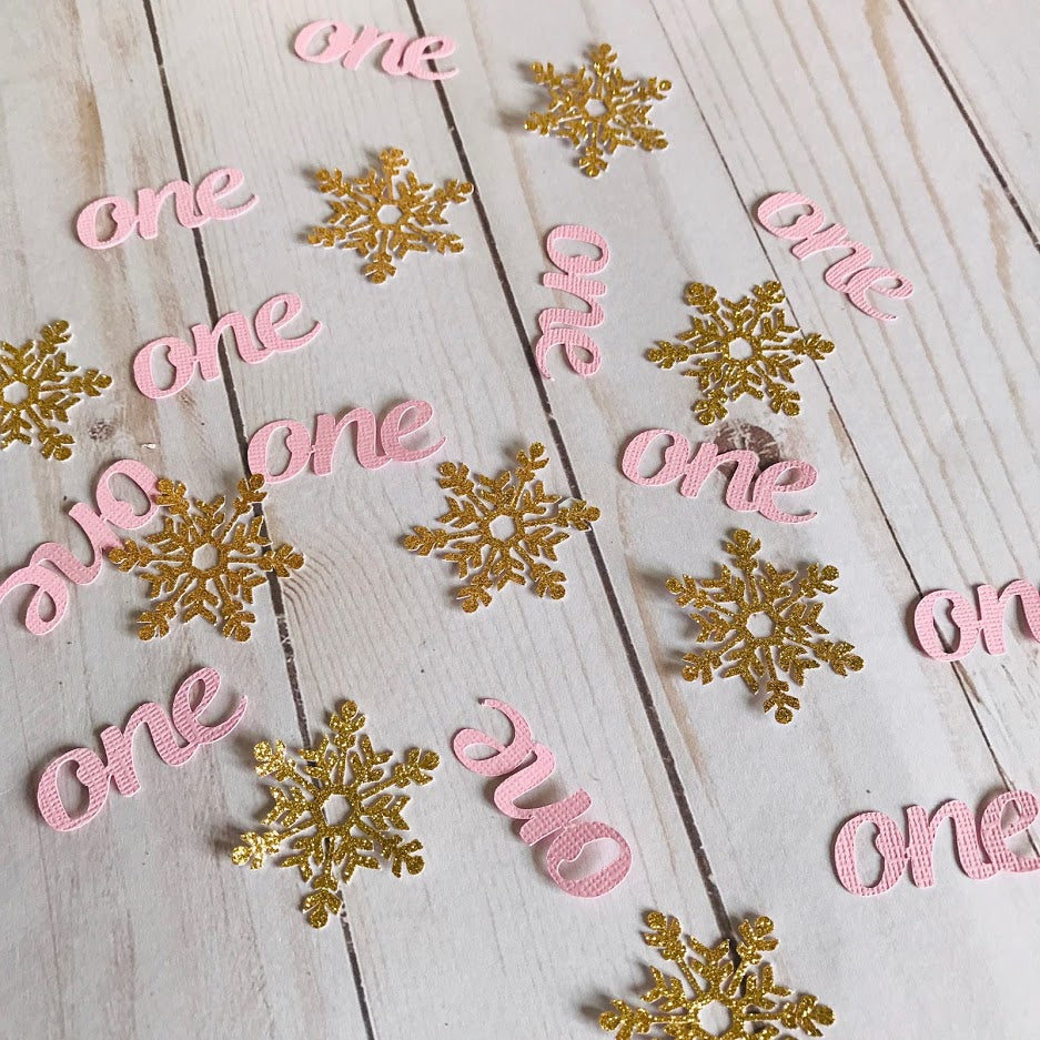 1st Birthday Decorations Gold and Pink Party Decorations. Winter Onederland ONE and Snowflakes confetti