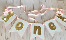 Load image into Gallery viewer, Bunny banner, Bunny first birthday banner, One banner, Photo props banner, Pink and gold banner . Easter birthday