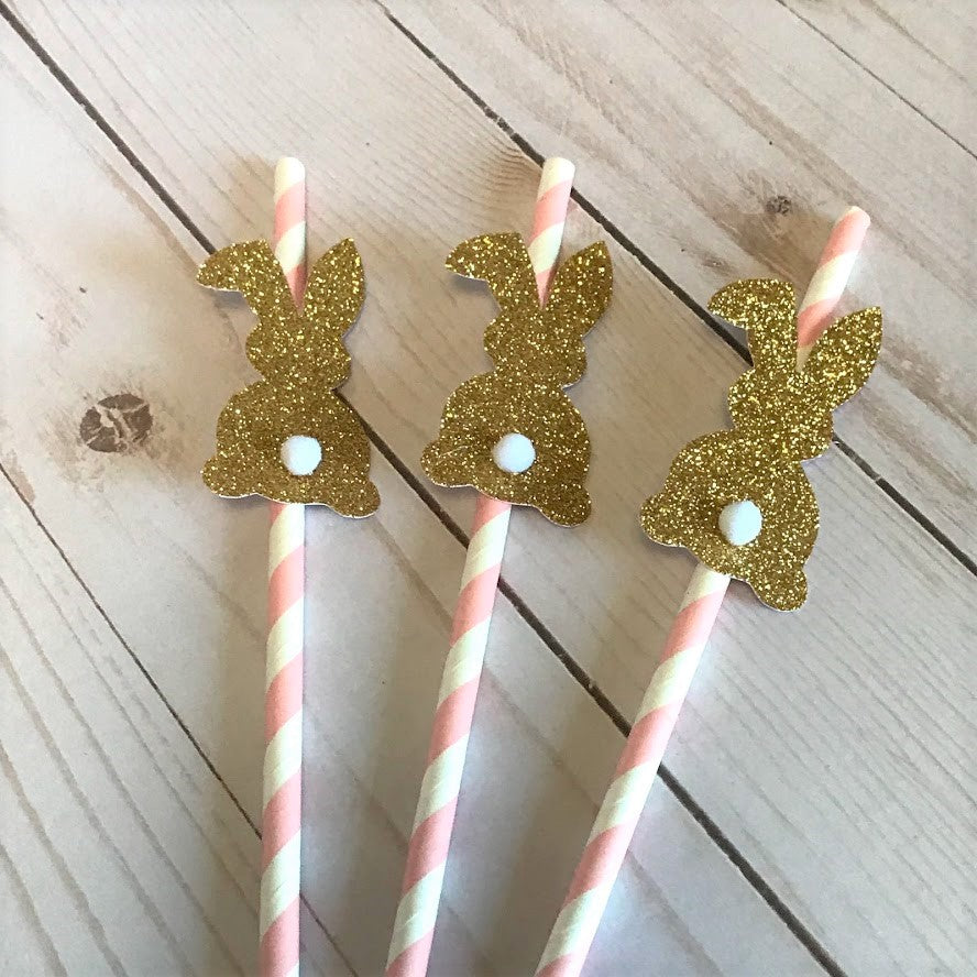 Bunny Party Straws in Pink and Gold Glitter for 1st birthday. Bunny Party. Some Bunny is One! 10 CT