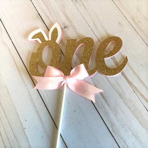 Bunny cake topper, Bunny first birthday cake topper. Pink and gold cake topper