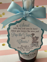 Load image into Gallery viewer, Personalized Baby tags, Baby shower wine tags, Ready to pop tags. Baby elephant tags